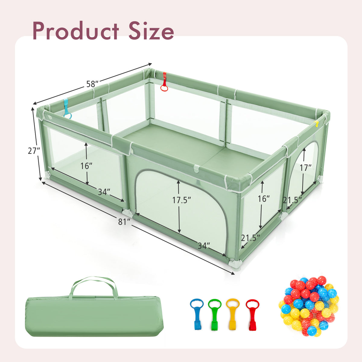 Extra-Large Safety Baby Fence with 50 Ocean Balls-Green-Baby Playpens & Playards-DECOROLALA