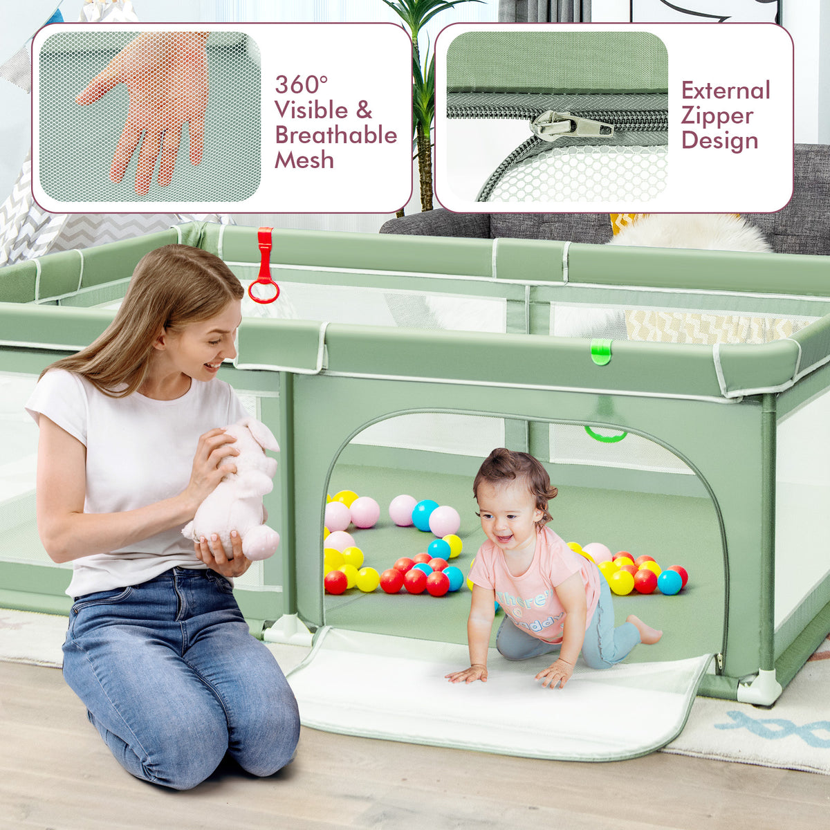 Extra-Large Safety Baby Fence with 50 Ocean Balls-Green-Baby Playpens & Playards-DECOROLALA