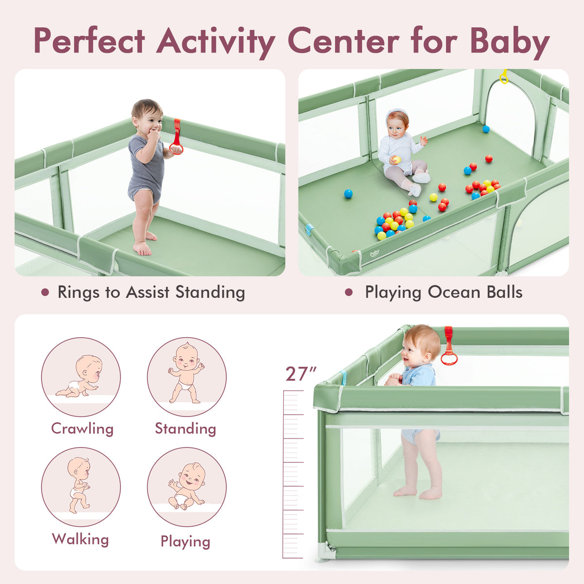 Extra-Large Safety Baby Fence with 50 Ocean Balls-Green-Baby Playpens & Playards-DECOROLALA