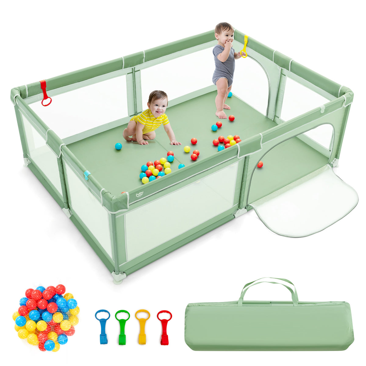 Extra-Large Safety Baby Fence with 50 Ocean Balls-Green-Baby Playpens & Playards-DECOROLALA