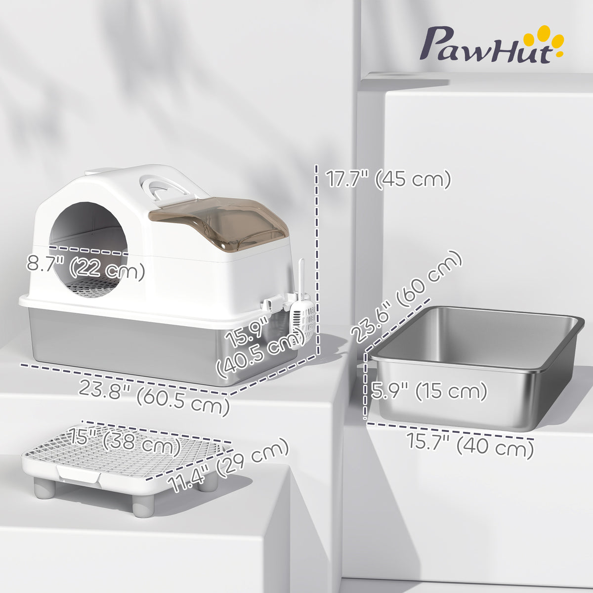 Extra Large Stainless Steel Cat Litter Box - Enclosed White/Silver-Cats-DECOROLALA