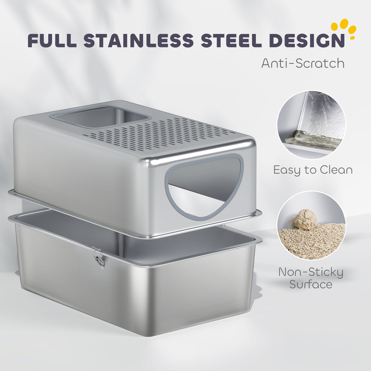 Extra Large Stainless Steel Enclosed Cat Litter Box with Lid - Silver-Cats-DECOROLALA