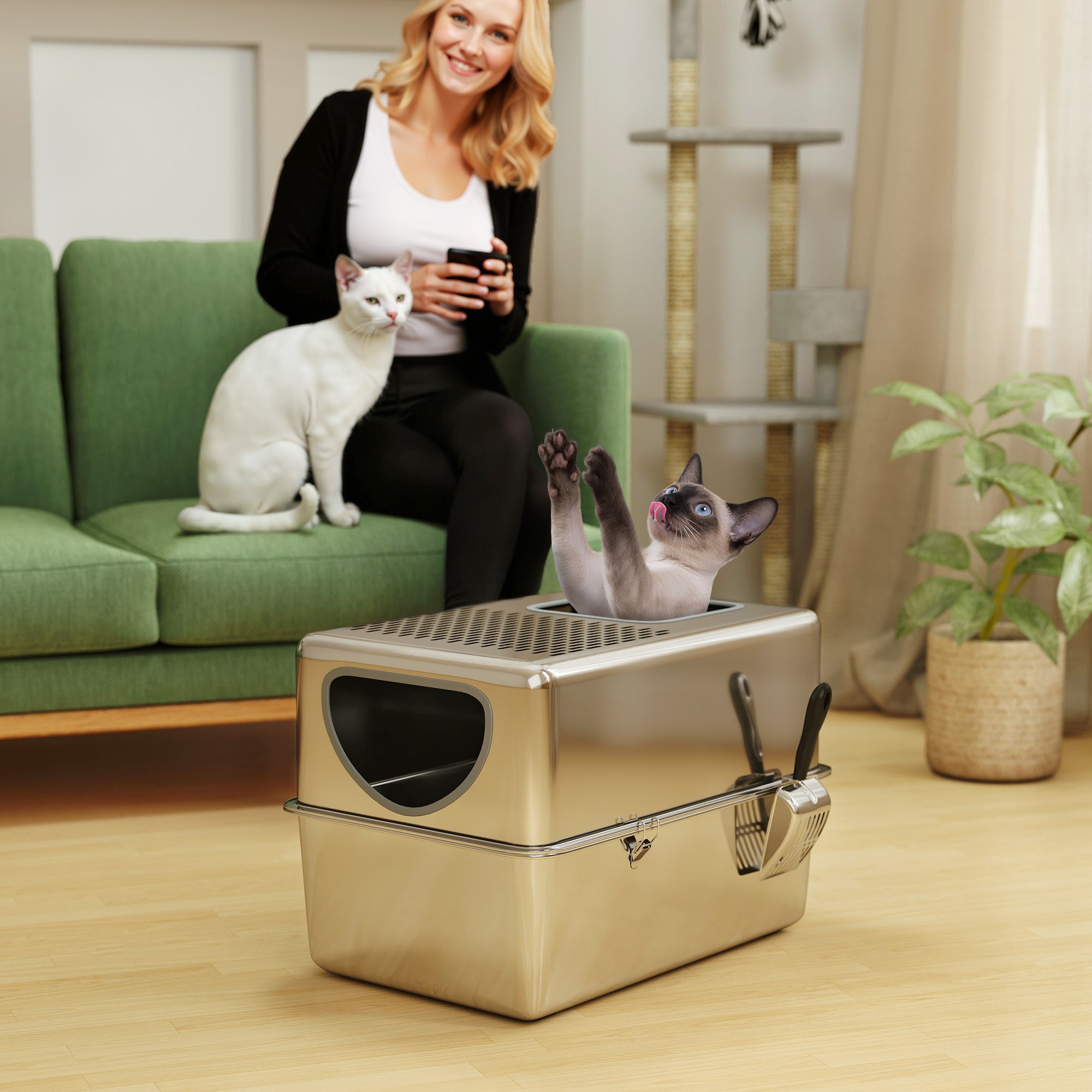 Extra Large Stainless Steel Enclosed Cat Litter Box with Lid - Silver-Cats-DECOROLALA