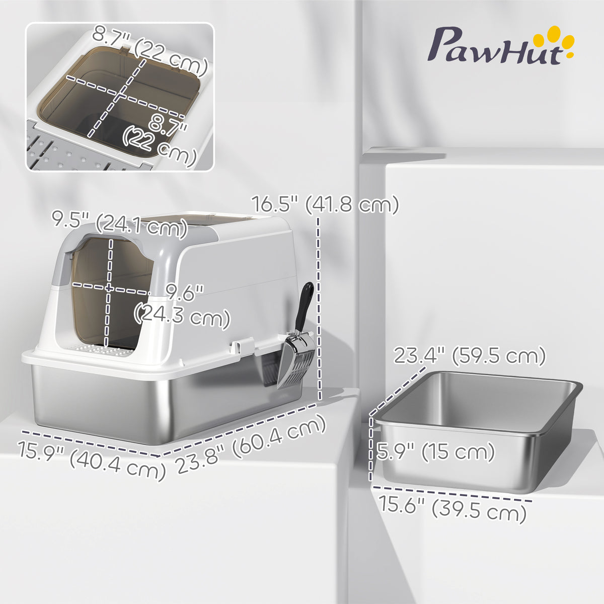 Extra Large Stainless Steel Enclosed Litter Box - White/Grey-Cats-DECOROLALA
