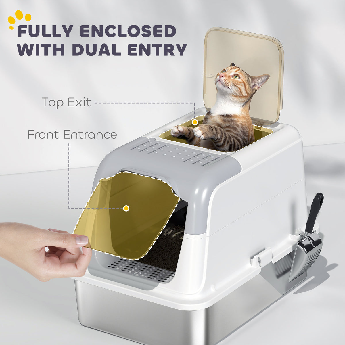Extra Large Stainless Steel Enclosed Litter Box - White/Grey-Cats-DECOROLALA