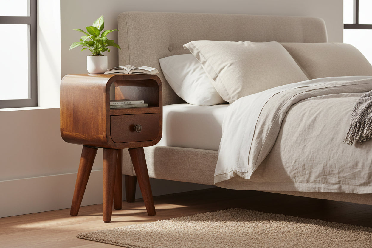 Extra Mini Chestnut Curved Bedside Table with Drawer - Mango Wood-Nightstand-DECOROLALA