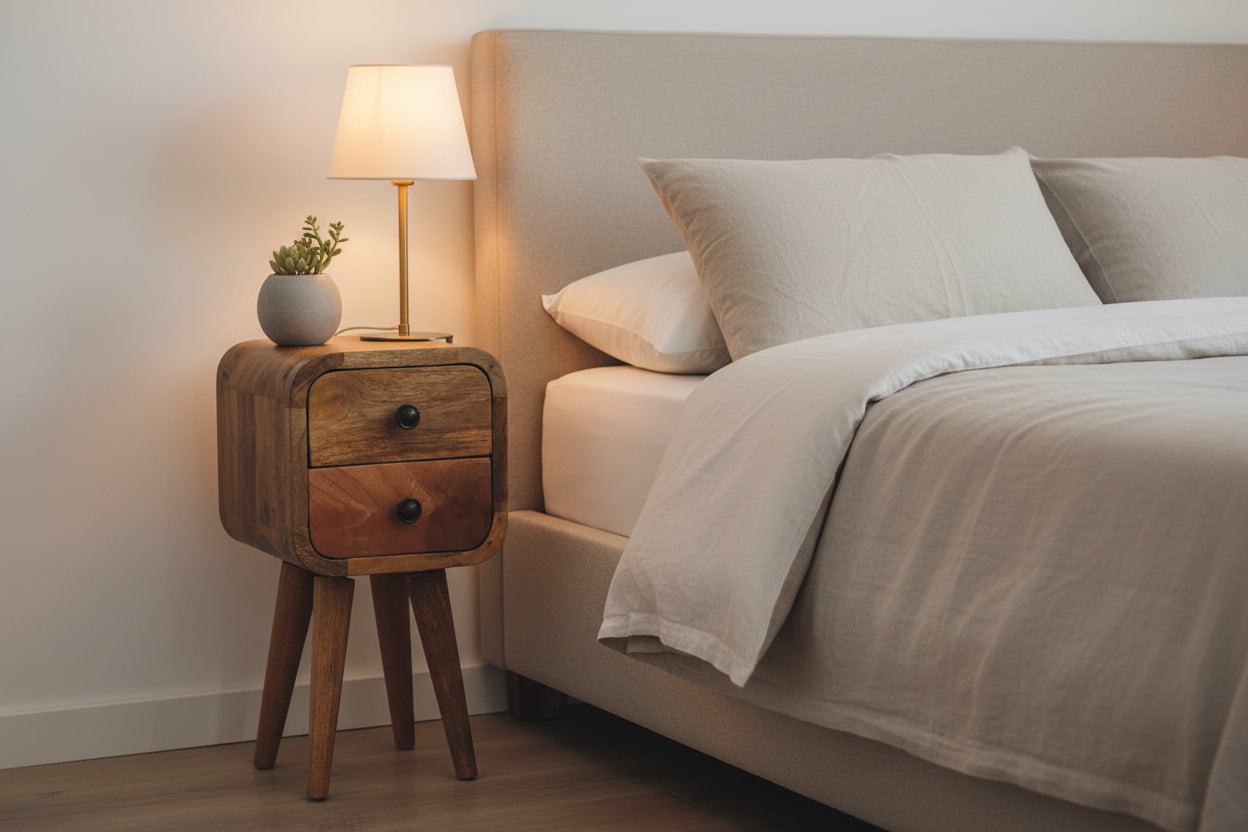 Extra Mini Curved Bedside Table - Oak-ish Solid Mango Wood-Nightstand-DECOROLALA