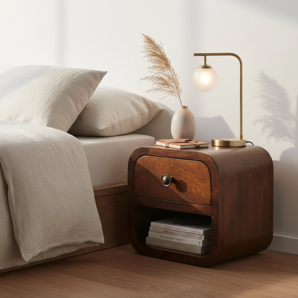 Extra Mini Curved Chestnut Bedside Table - Solid Mango Wood-Nightstand-DECOROLALA