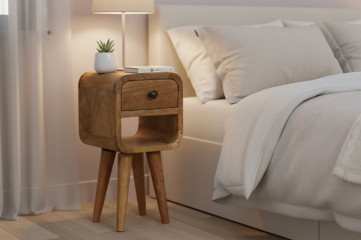Extra Mini Oak-ish Curve Bedside Table - Solid Mango Wood-Nightstand-DECOROLALA