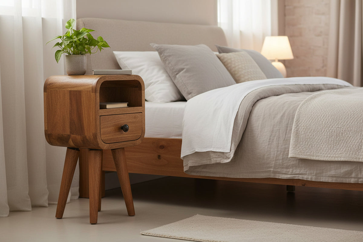 Extra Mini Oakish Curve Bedside Table - Solid Mango Wood-Nightstands-DECOROLALA