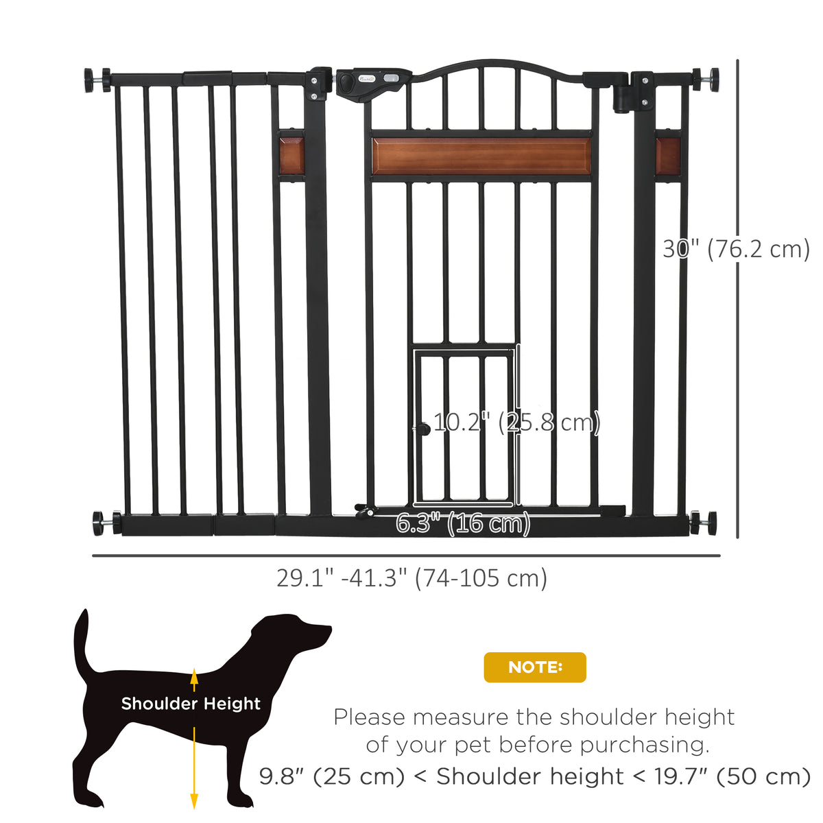 Extra Wide Dog Gate with Cat Door - Black Steel 29.1"-41.3"W-Dogs-DECOROLALA