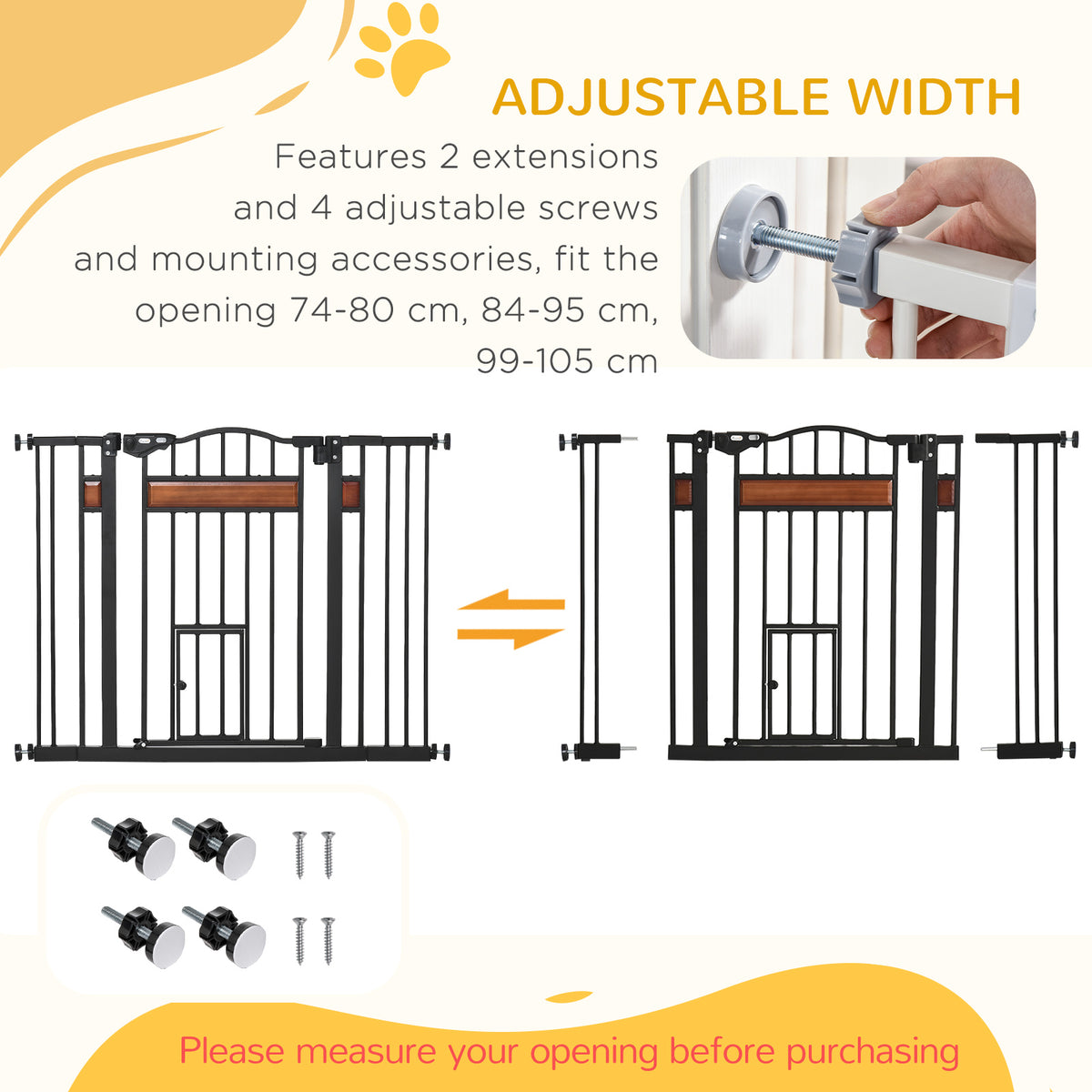 Extra Wide Dog Gate with Cat Door - Black Steel 29.1"-41.3"W-Dogs-DECOROLALA