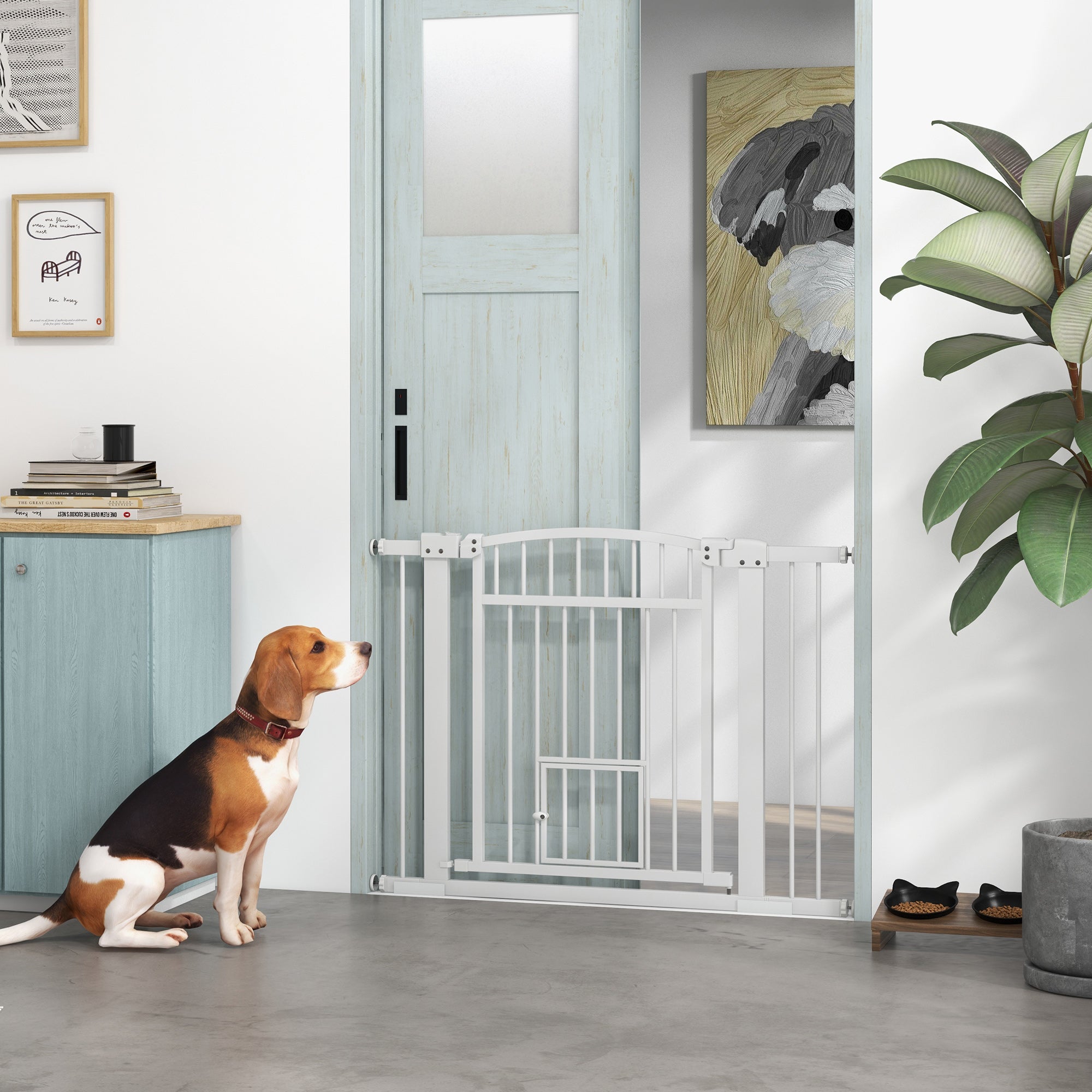 Extra Wide Pet Gate with Cat Door - 30"-41" W x 30" H White Steel-Dogs-DECOROLALA