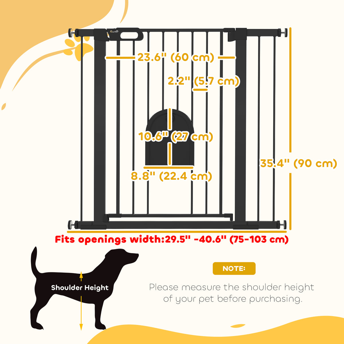 Extra Wide Pet Gate with Small Door - 30"-41"W x 35"H Black Metal-Dogs-DECOROLALA