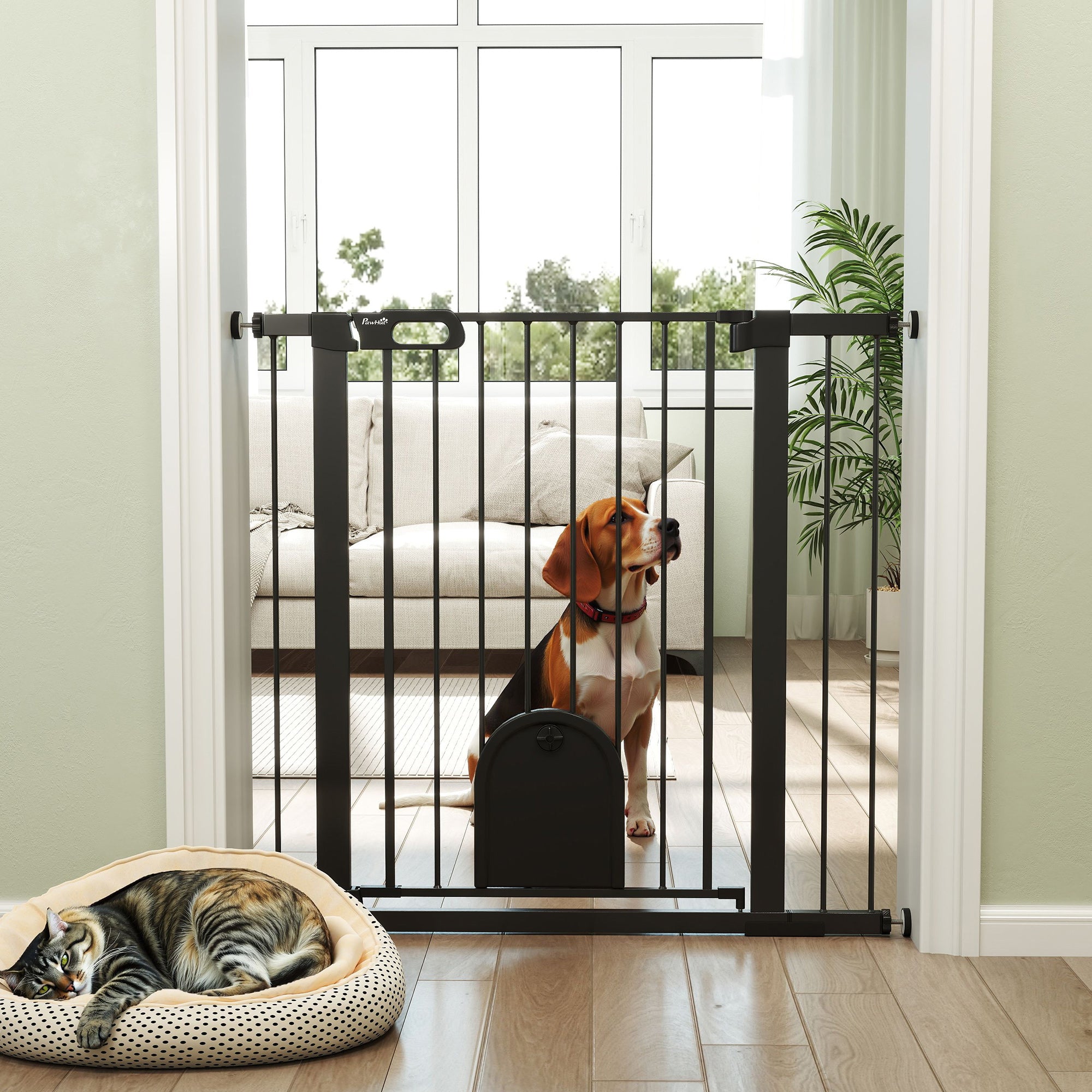 Extra Wide Pet Gate with Small Door - 30"-41"W x 35"H Black Metal-Dogs-DECOROLALA