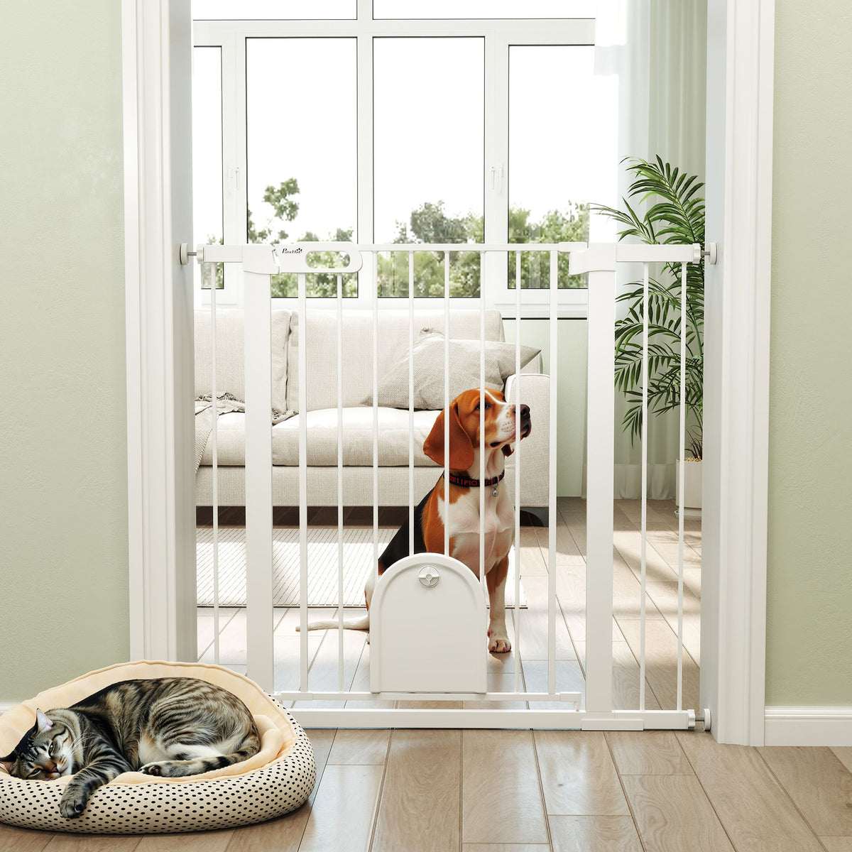 Extra Wide Pet Gate with Small Door - 30"-41"W x 35"H White Metal-Dog Supplies-DECOROLALA