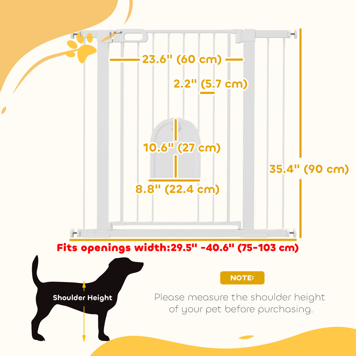 Extra Wide Pet Gate with Small Door - 30"-41"W x 35"H White Metal-Dogs-DECOROLALA