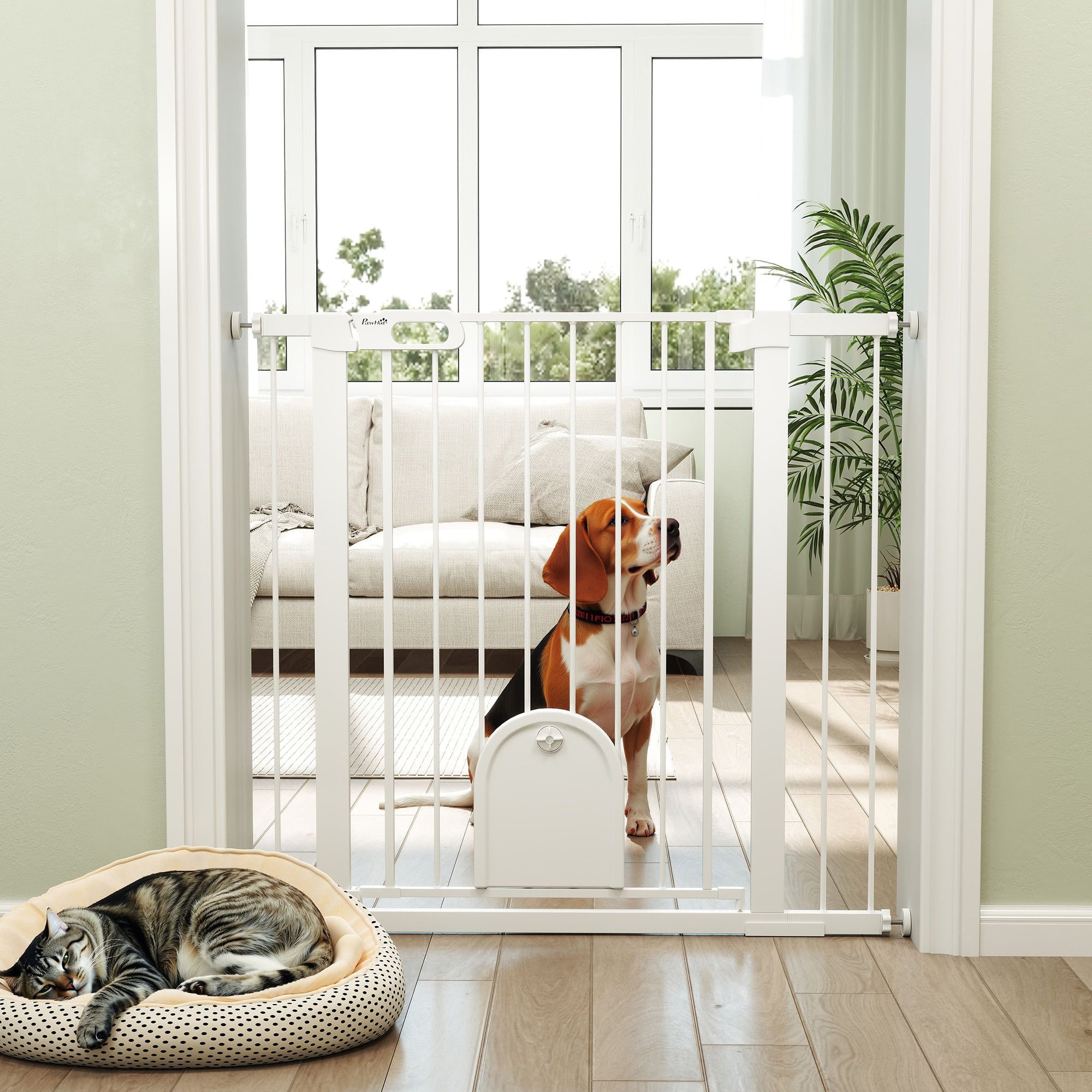 Extra Wide Pet Gate with Small Door - 30"-41"W x 35"H White Metal-Dogs-DECOROLALA