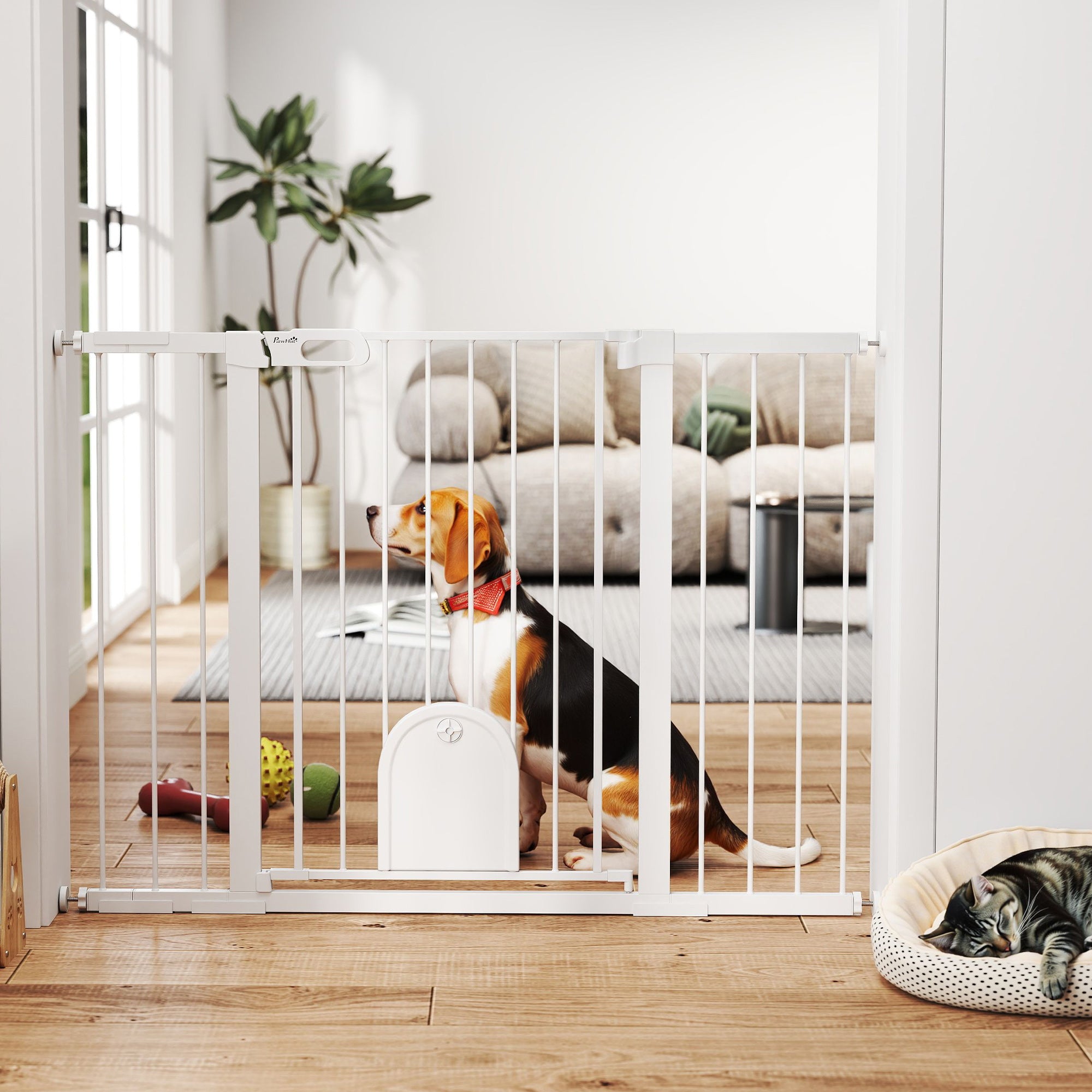 Extra Wide Pet Gate with Small Door - 30"-52" Wide, 35"H White-Dogs-DECOROLALA