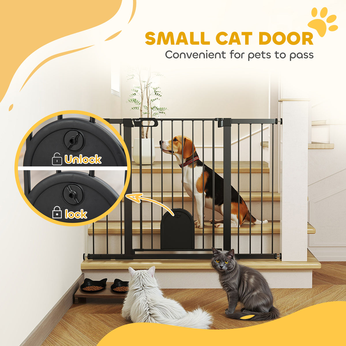 Extra Wide Pet Gate with Small Door - 30"-52"W x 35"H Black Metal-Dogs-DECOROLALA