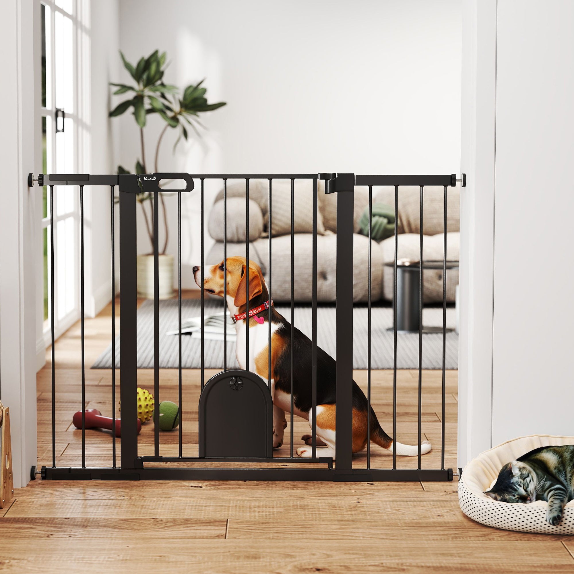 Extra Wide Pet Gate with Small Door - 30"-52"W x 35"H Black Metal-Dogs-DECOROLALA