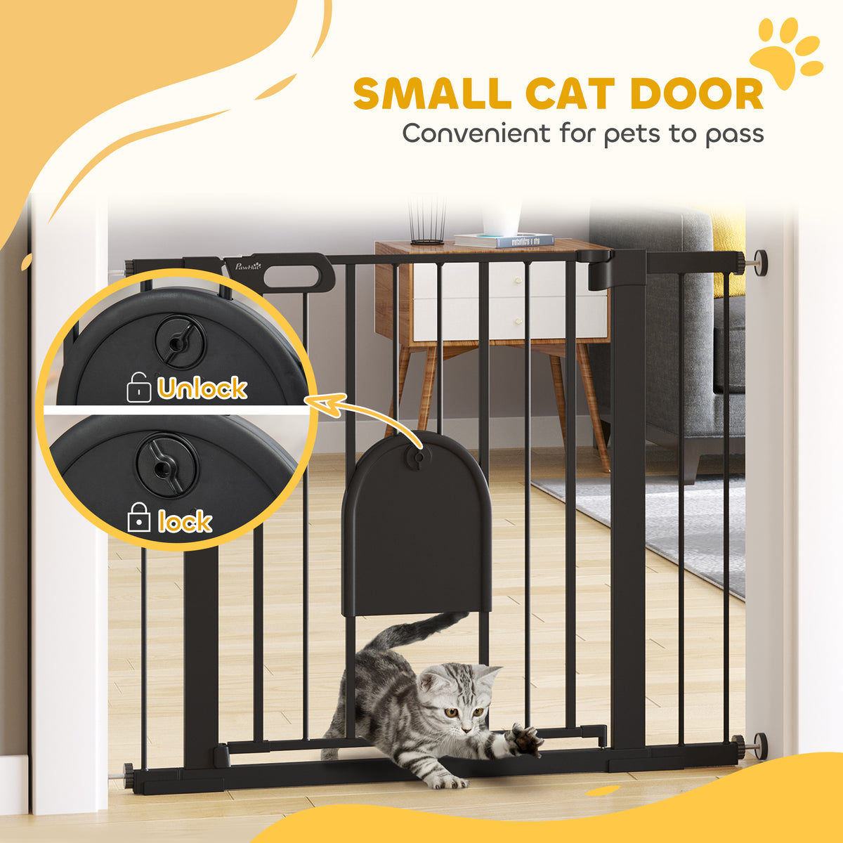 Extra Wide Pet Gate with Small Door - 30"H Black Metal 29.5"-40.6"W-Dogs-DECOROLALA