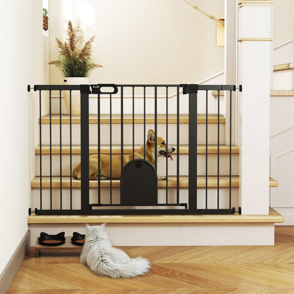Extra Wide Pet Gate with Small Door - 30"H Black Metal 30"-52"W-Dog Supplies-DECOROLALA