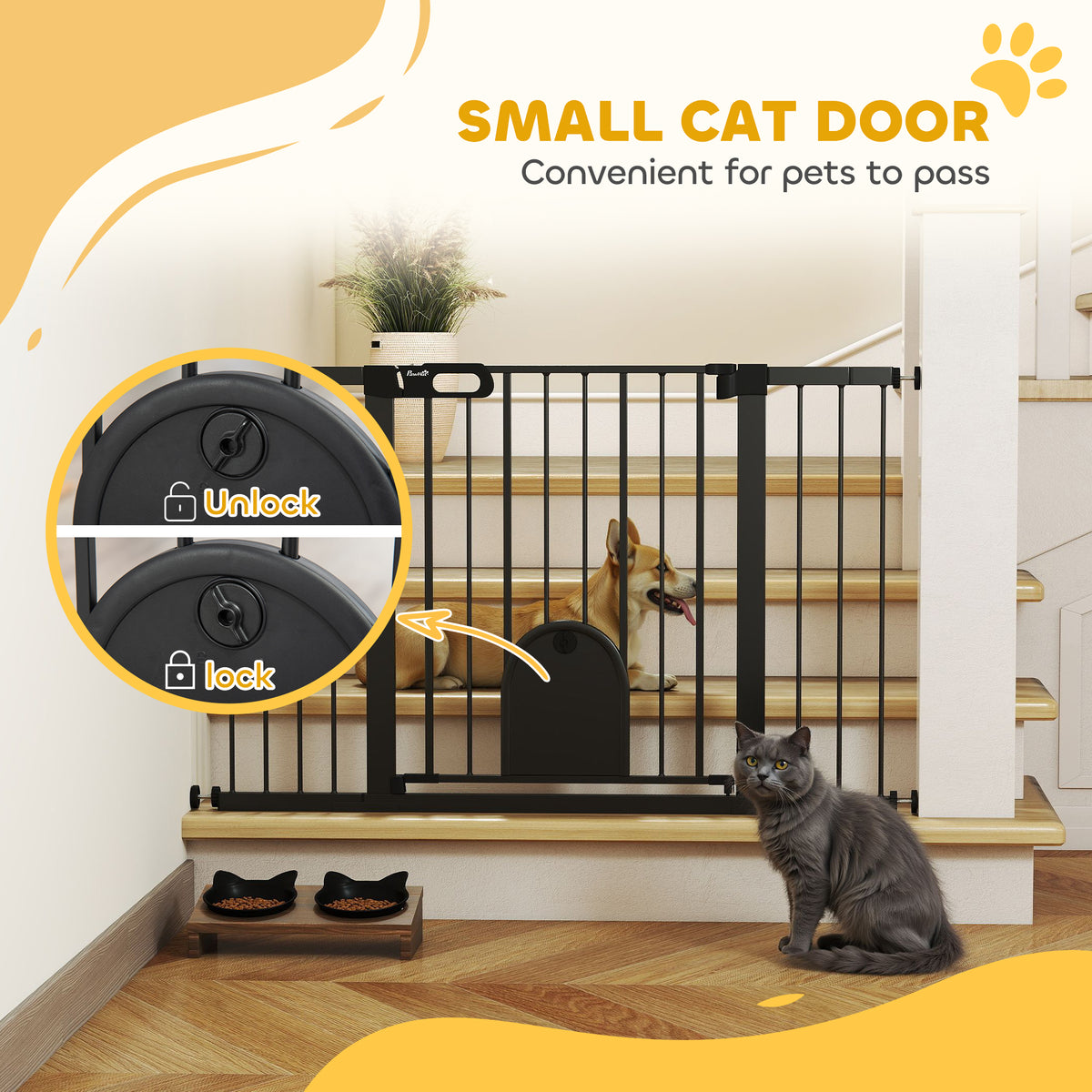 Extra Wide Pet Gate with Small Door - 30"H Black Metal 30"-52"W-Dogs-DECOROLALA