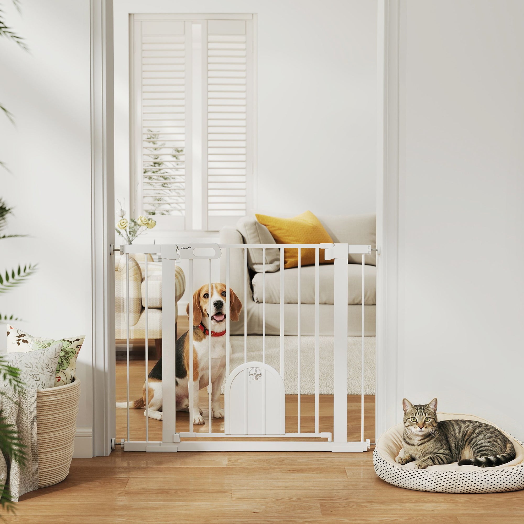 Extra Wide Pet Gate with Small Door - 30"H White Metal 30"-41"W-Dogs-DECOROLALA