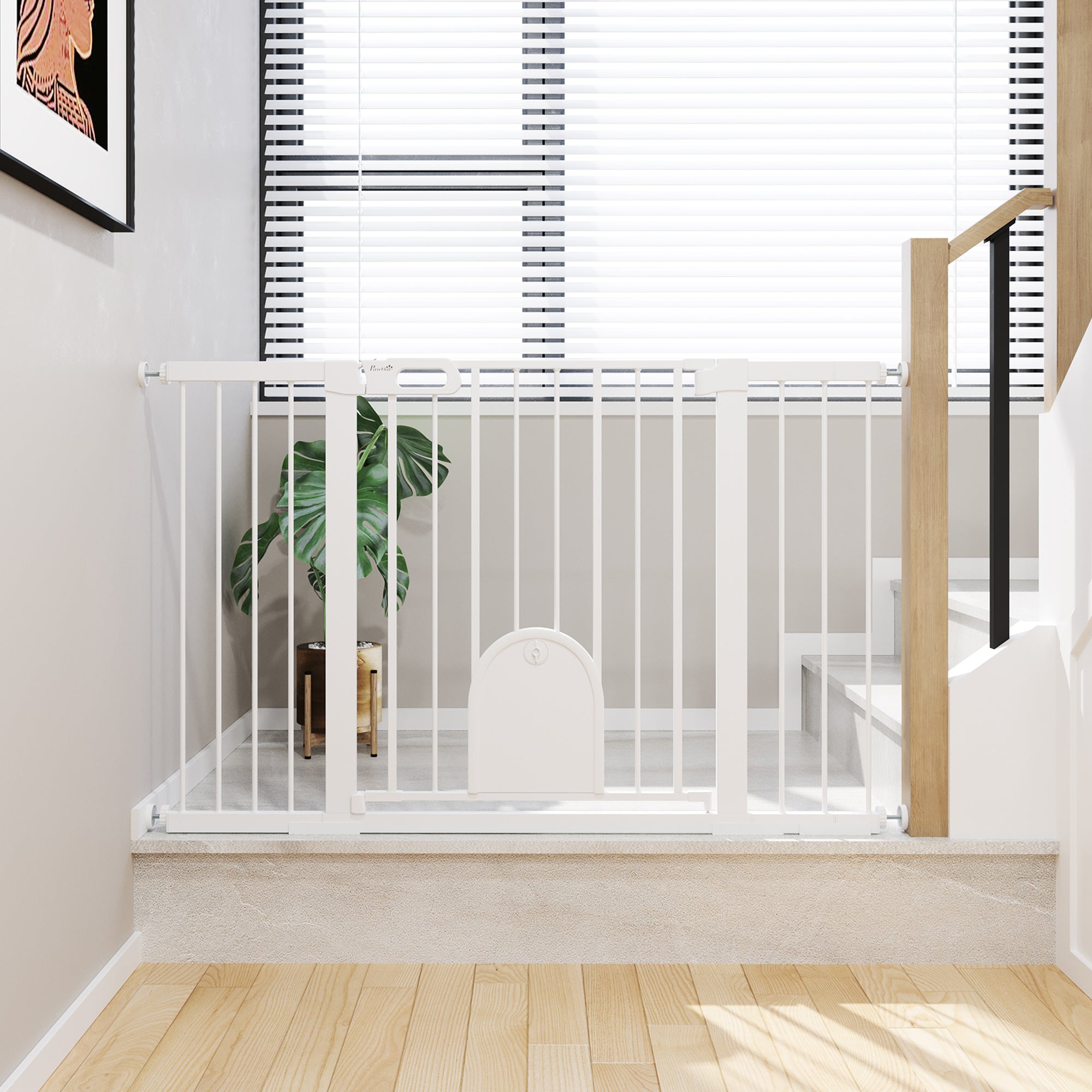 Extra Wide Pet Gate with Small Door - 30"H White Metal 30"-52"W-Dogs-DECOROLALA