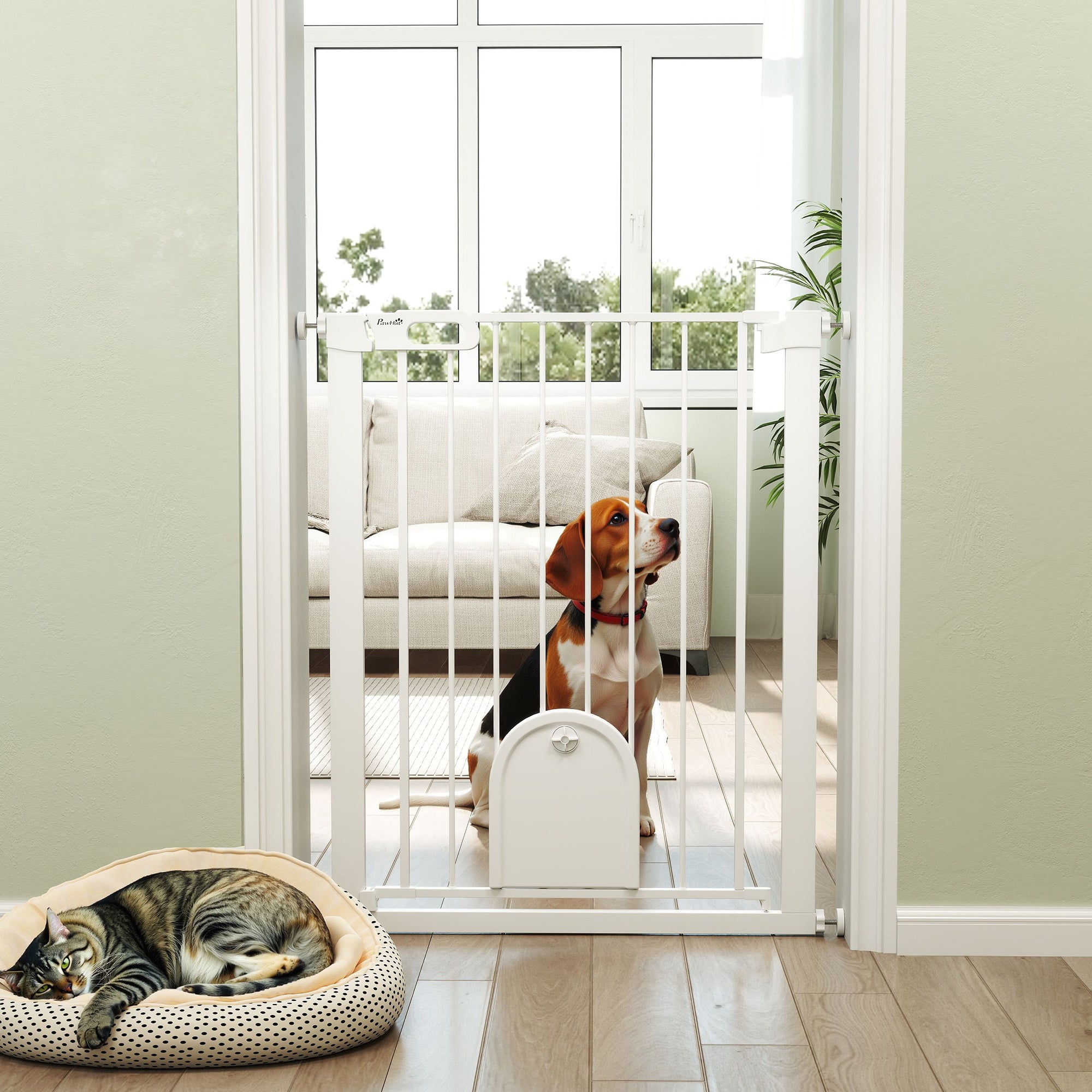 Extra Wide Pet Gate with Small Door - 35"H White Metal Barrier-Dogs-DECOROLALA