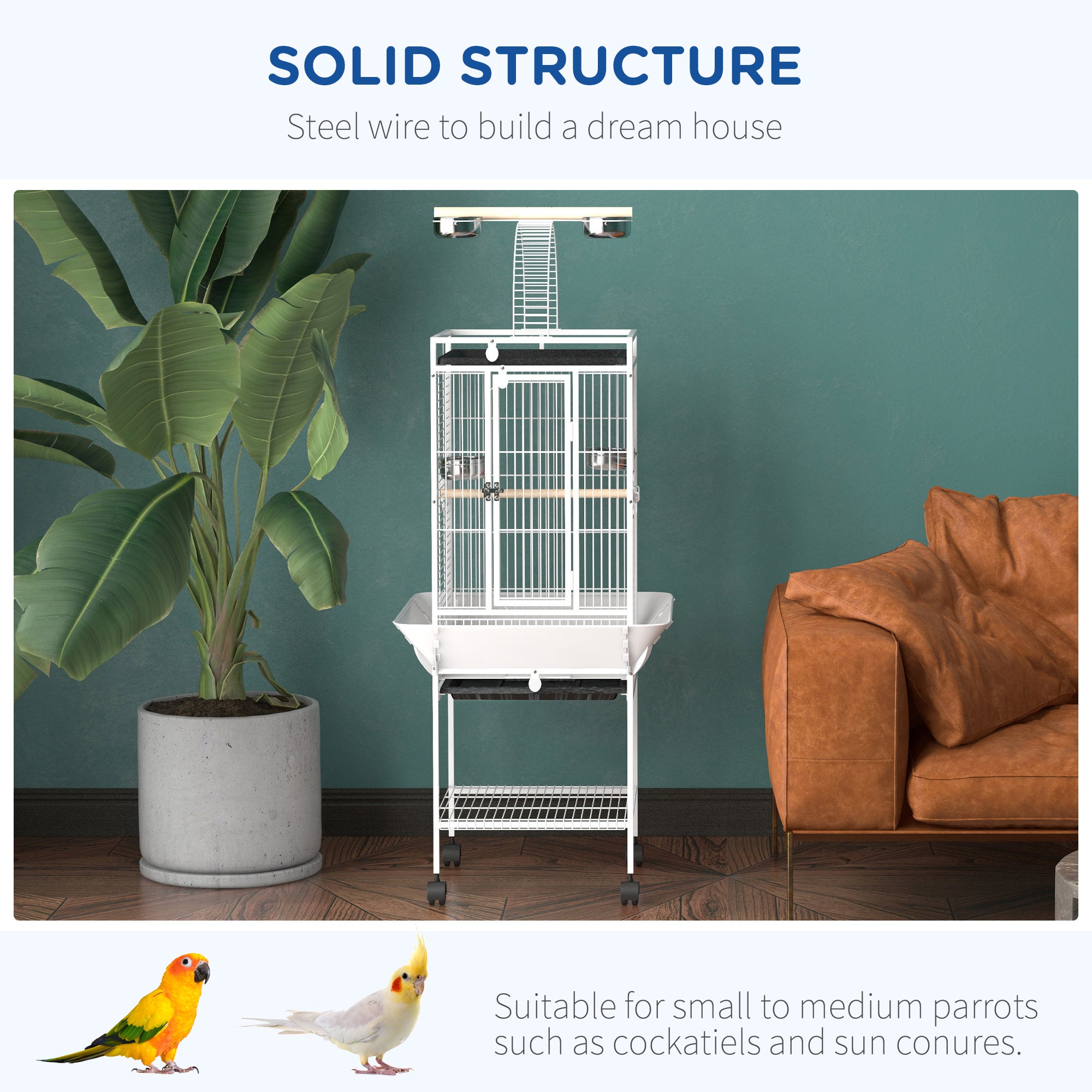 61.5 Inch Bird Cage Parakeet House for Cockatiel with Stand, Pull Out Tray, Play Top, Storage Shelf, Wood Perch, Food Container