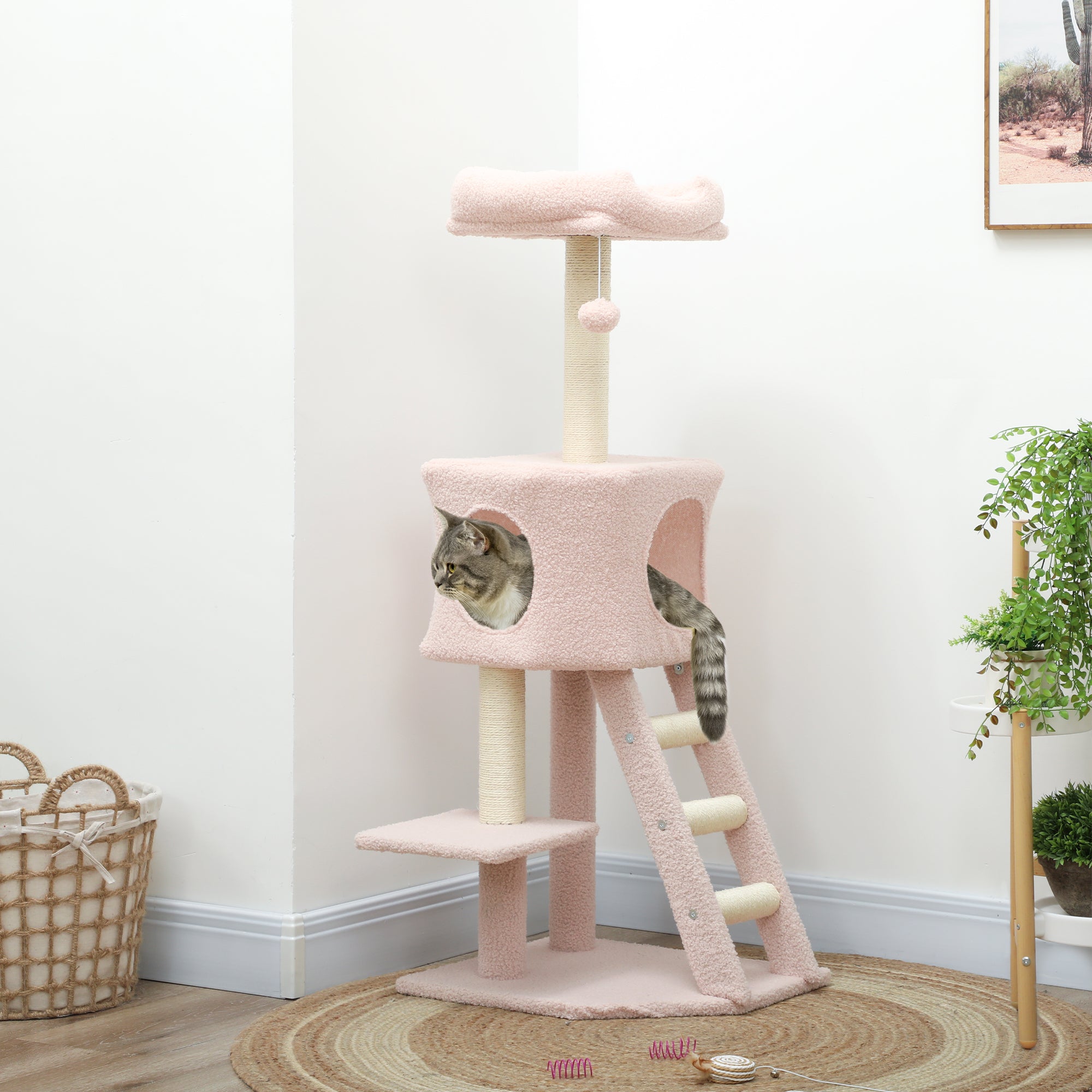 47" Tall Cat Tree Tower with Condo, Ladder, Scratching Posts and Hanging Ball, Pink