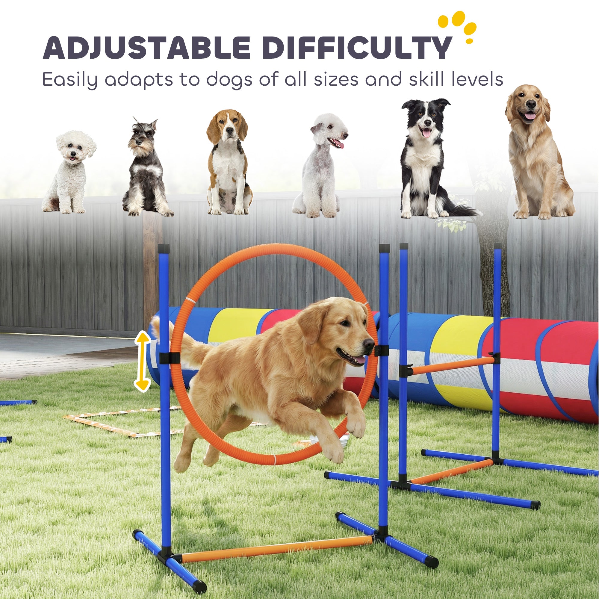 Dog Agility Training Equipment, 11-Piece Dog Obstacle Course with Adjustable Hurdle & Ring, 3 Tunnels, Weave Poles