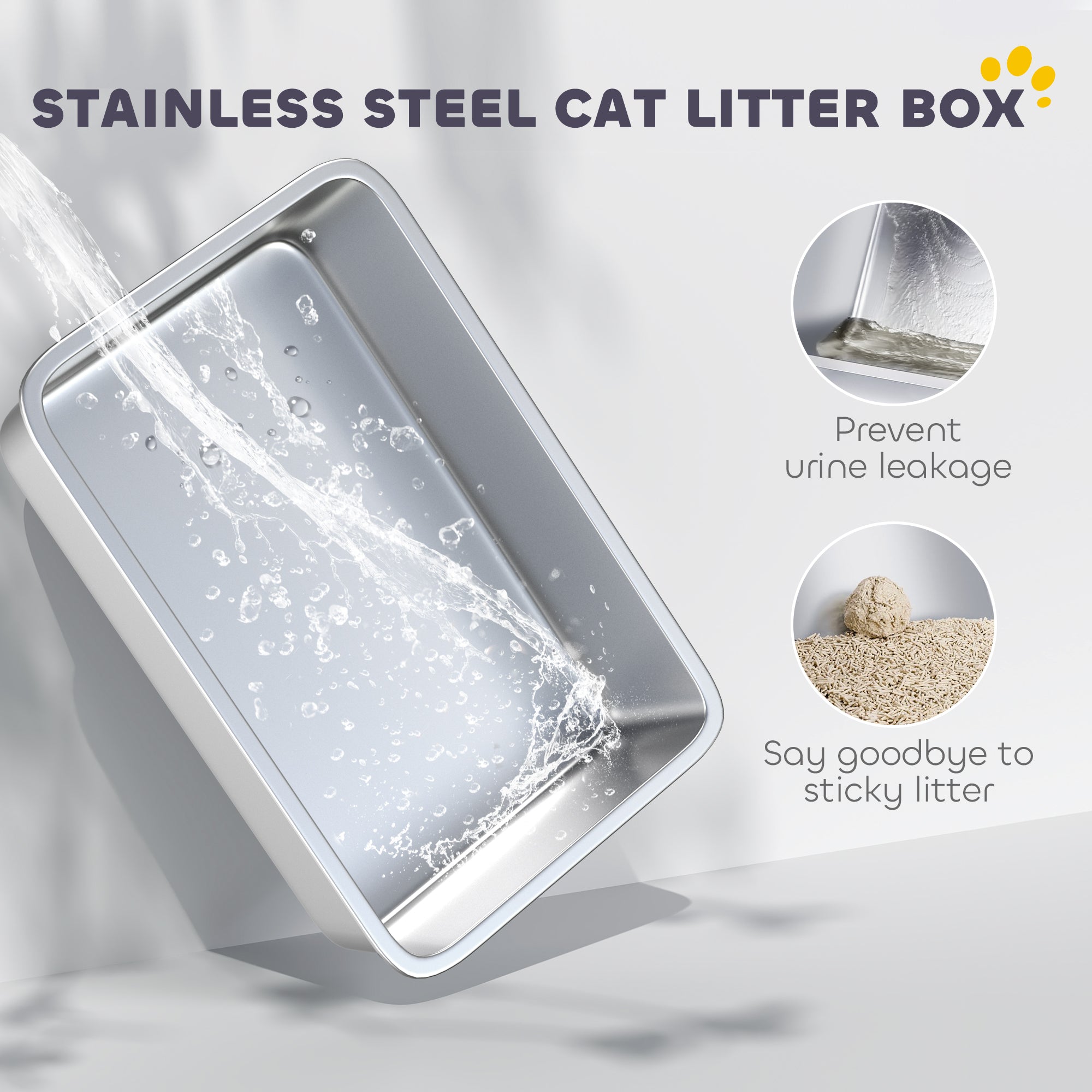 Extra Large Stainless Steel Cat Litter Box w/ High Sided, Removable Lid, Mats, Scoop, Odor Free, Non-Sticky, Leakproof