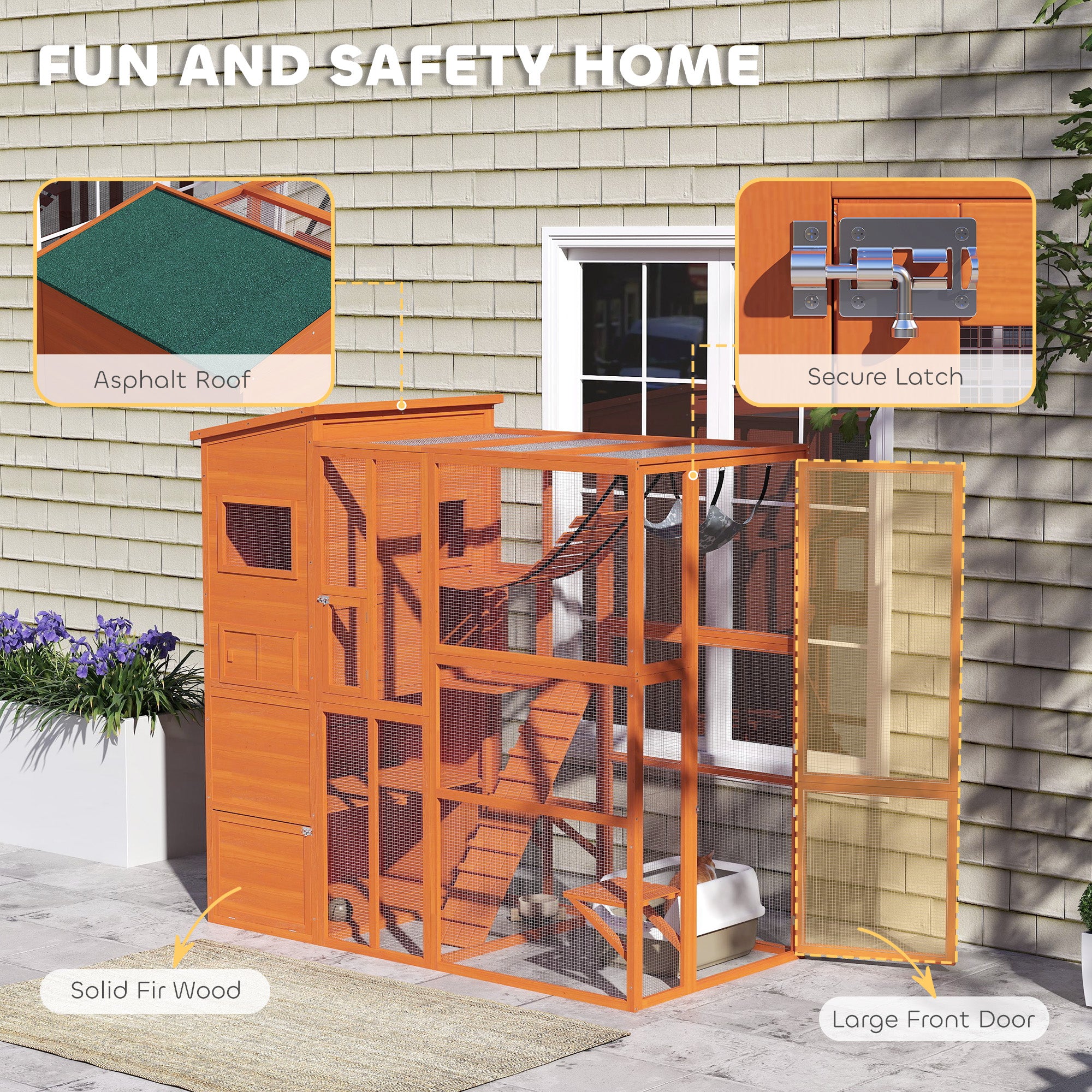 76" Catio Outdoor Cat Enclosure with Cat Condo, Jumping Platforms, Ladder, Ramps, Hammock for 2-3 Indoor Cats, Orange
