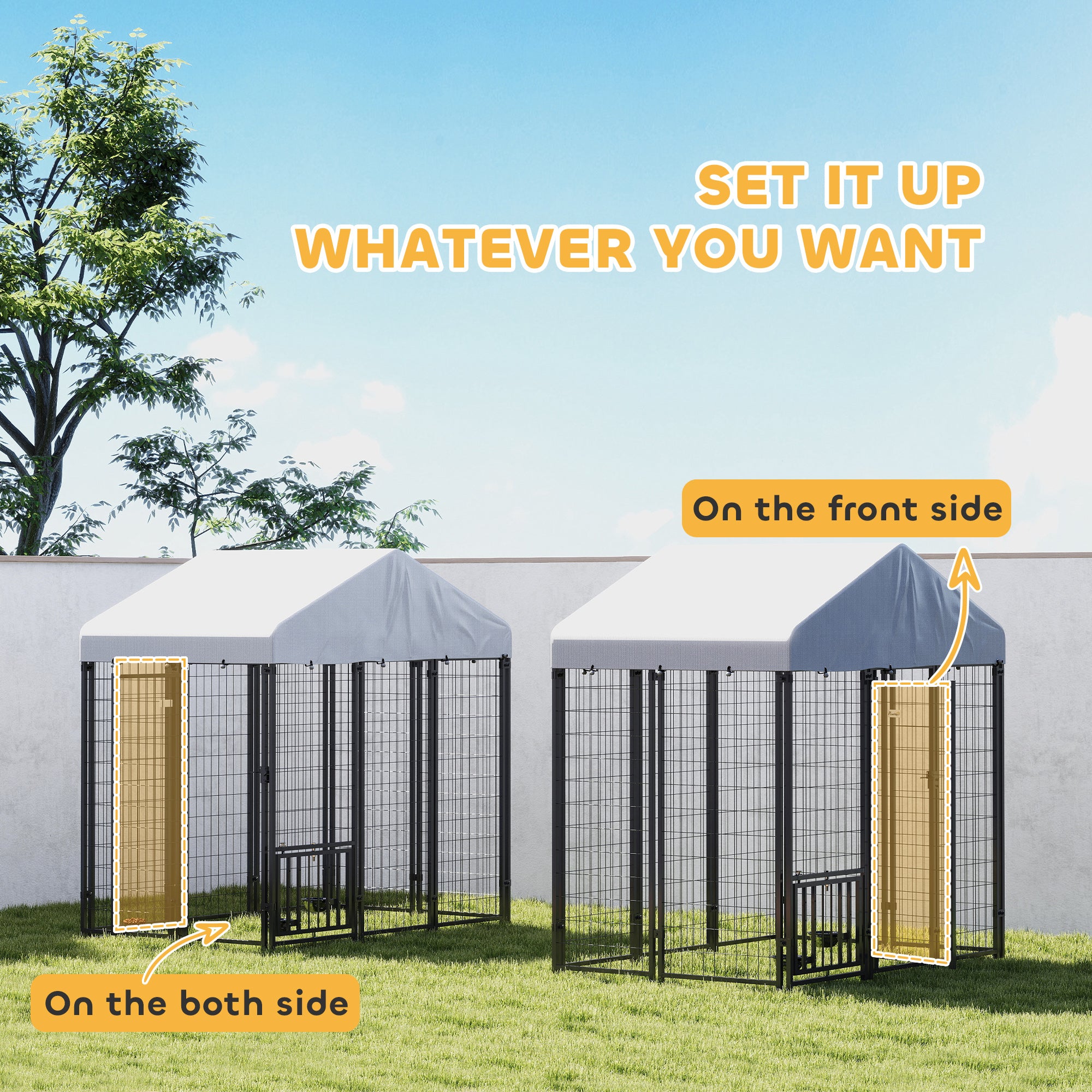 Outdoor Dog Kennel with Waterproof UV-Resistant Cover, Rotating & 4-Level Adjustable Feeding Bowls, 5.9 x 4 x 6 ft