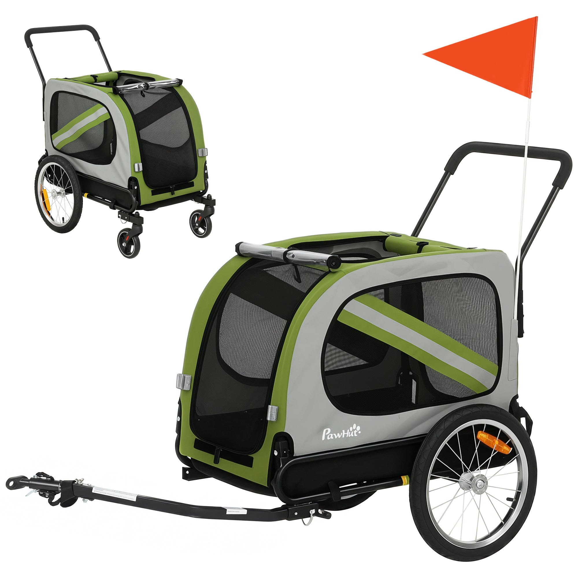 Remorque à vélo pour chien, chariot pour chien 2-en-1 et poussette pour animaux pour les déplacements, avec roues universelles, réflecteurs et drapeau, verte