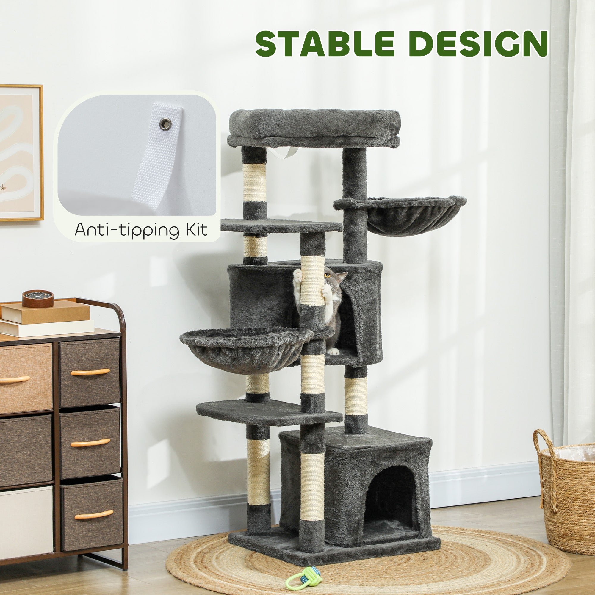 52.5" Cat Tree Tower with Scratching Posts, Cat Condos, Bed, Platforms, Hammocks, for Indoor Cats, Dark Grey