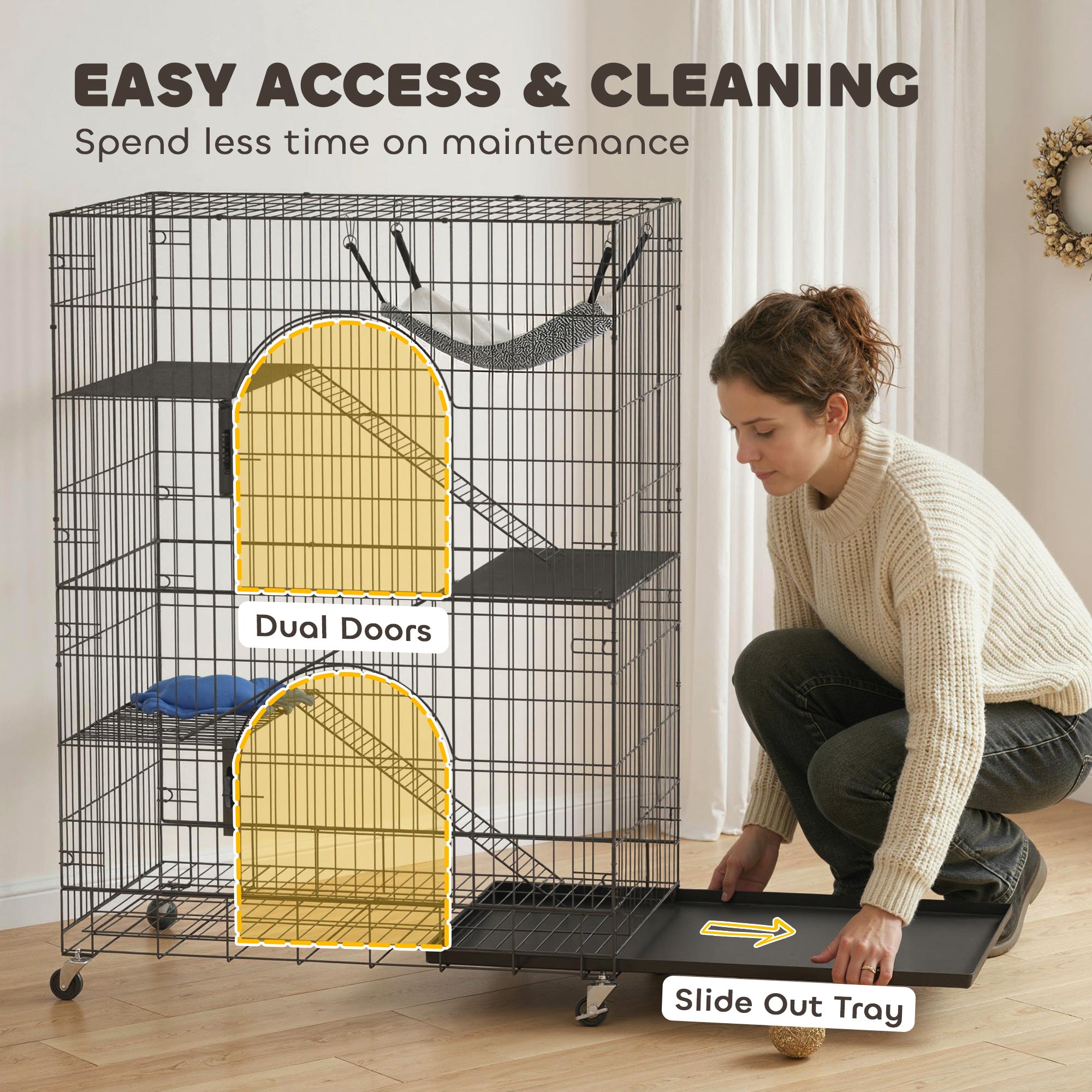 4-Tier Cat Cage, Large Cat Enclosure with Lockable Wheels, Tray, Hammock, Bed, 3 Ramp, 3 Platforms for 3-5 Kittens