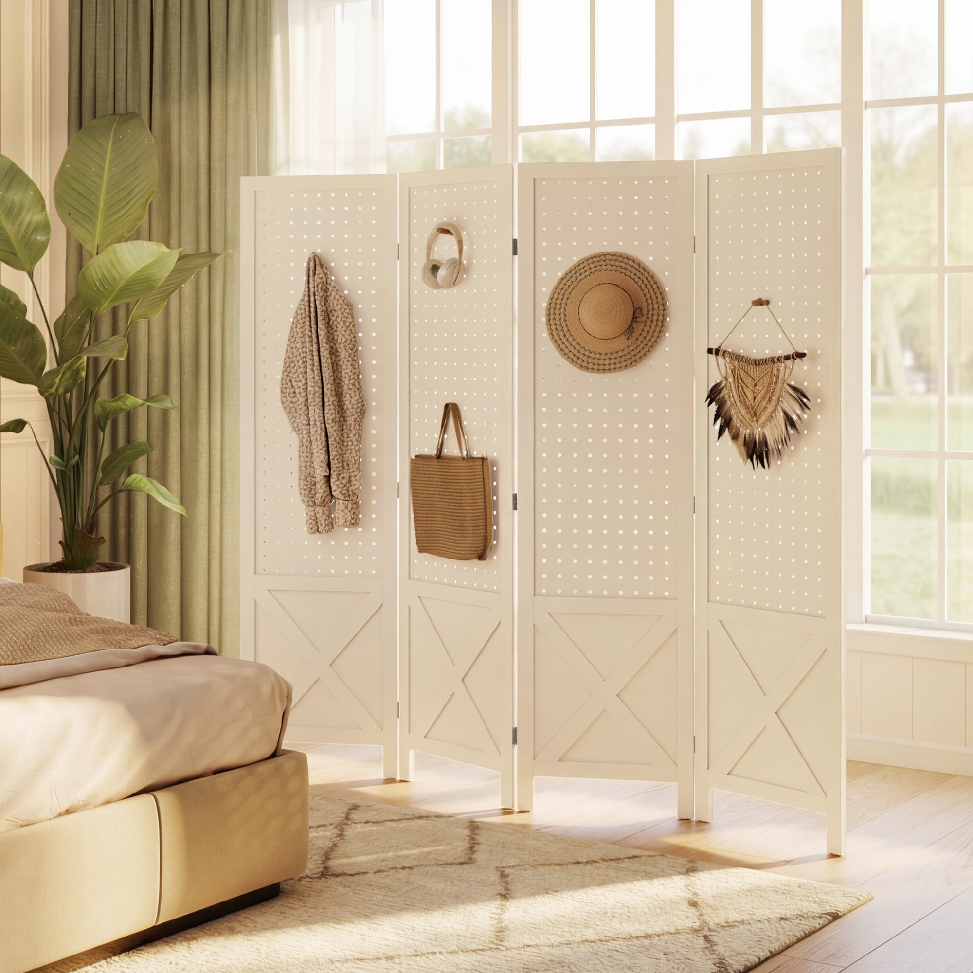 56.9" 4 Panel Wooden Room Divider with Pegboard Display, Folding Privacy Screen for Home Office, White