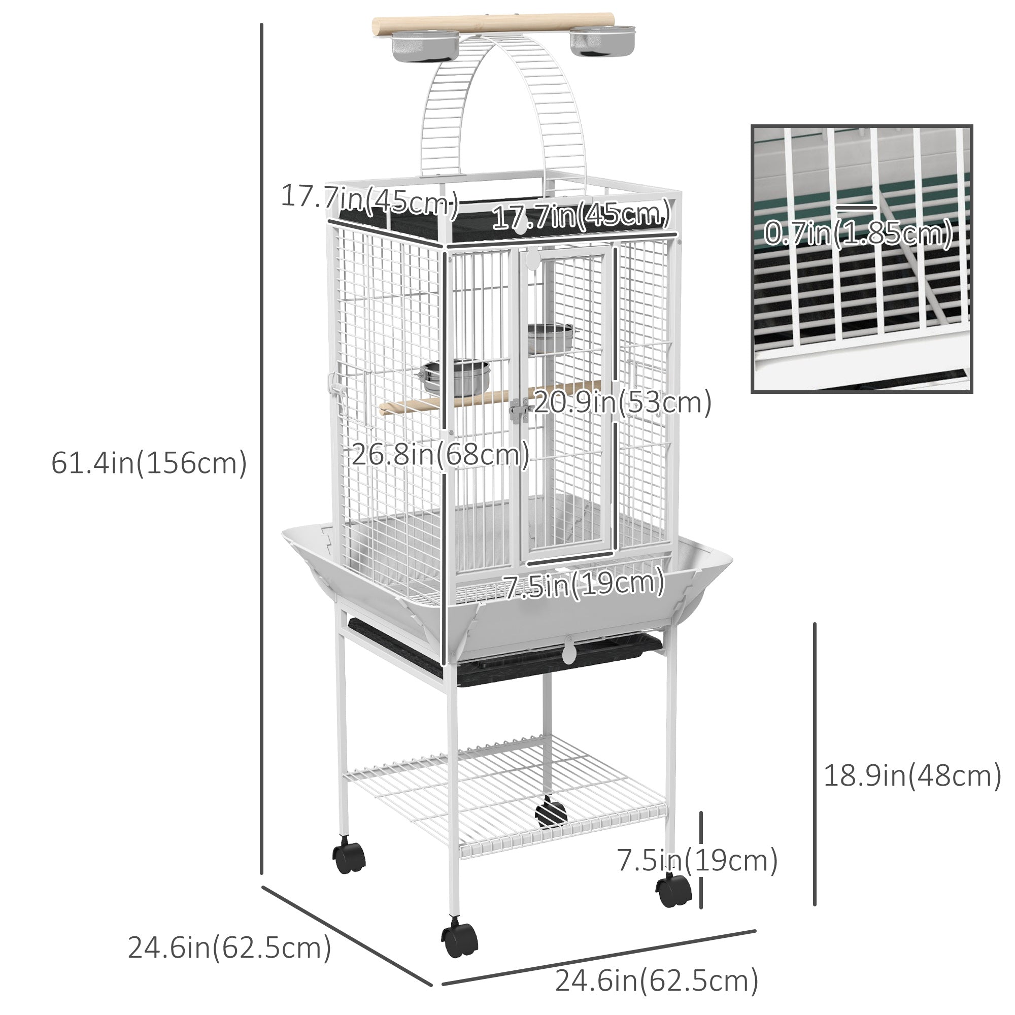 61.5 Inch Bird Cage Parakeet House for Cockatiel with Stand, Pull Out Tray, Play Top, Storage Shelf, Wood Perch, Food Container