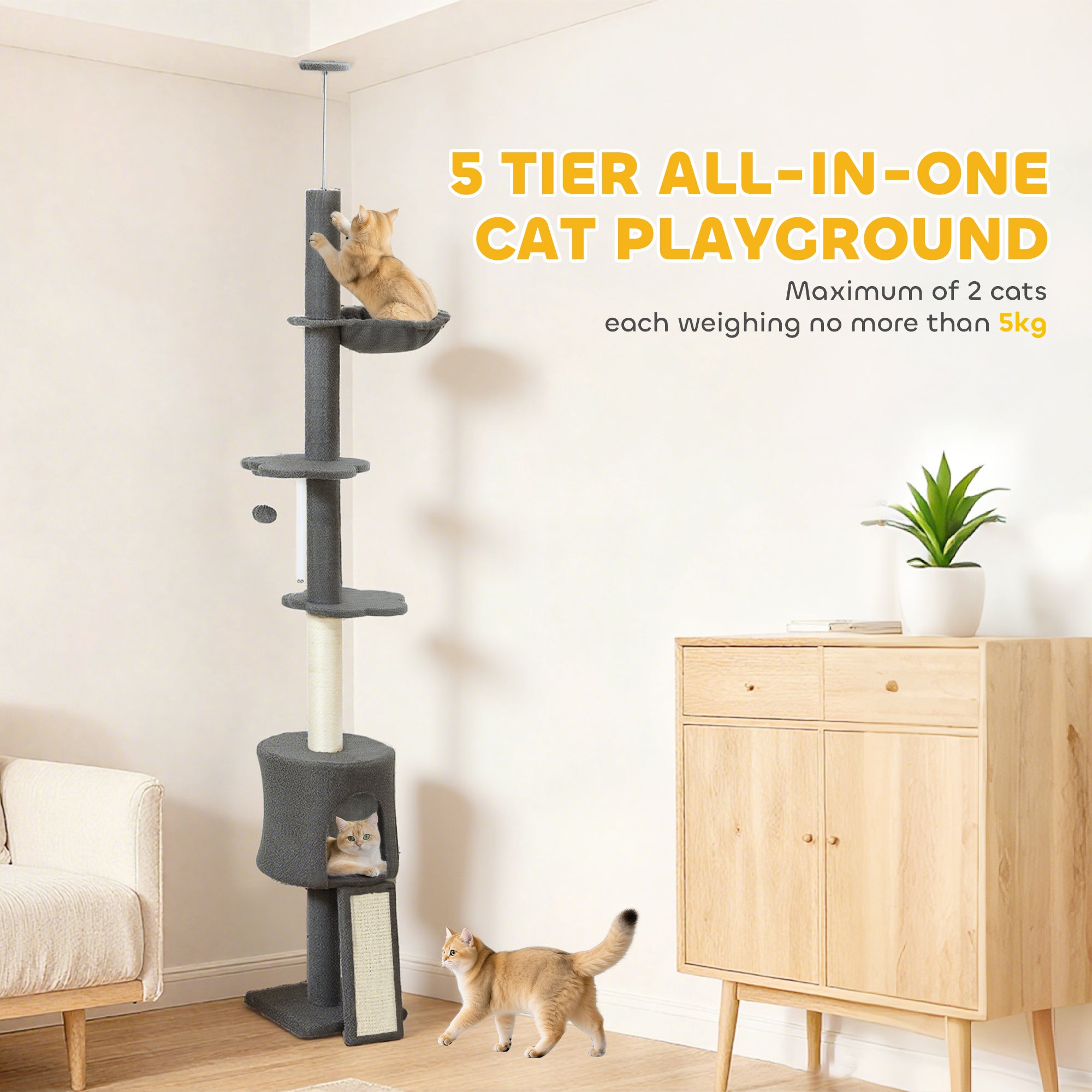 87"-94.5" Floor to Ceiling Cat Tree with Sisal Scratching Post, Condo, Hammock, Ramp, Perches, Dark Grey