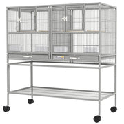 Grande cage à oiseaux métallique double à roulettes avec maison pour oiseaux, plateau amovible et étagère de rangement