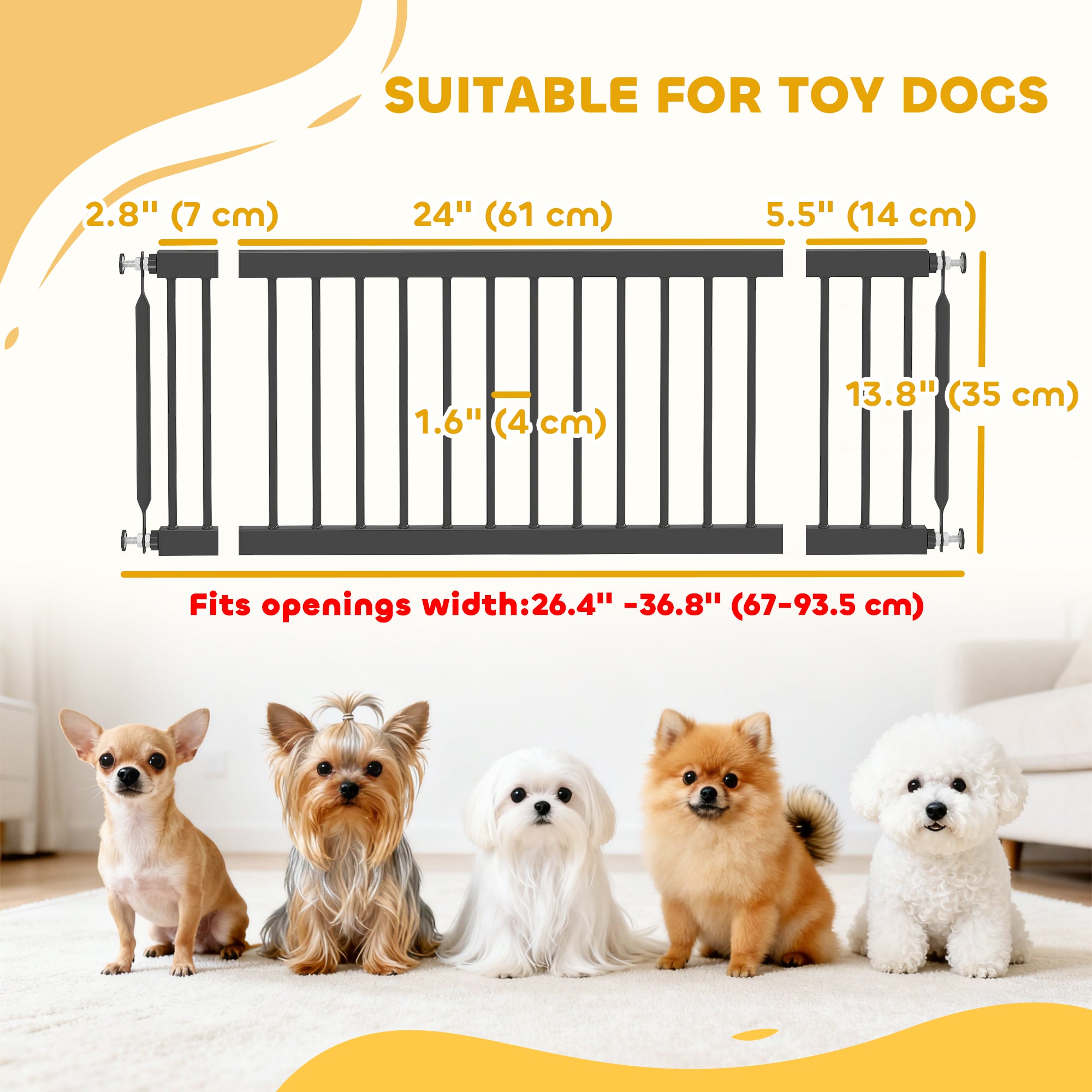 26"-37" Dog Gate, Adjustable Pet Gate, Fits 14" Tall with 2 Extension, Pressure Mount Kit for Stairs and Doorways, Black