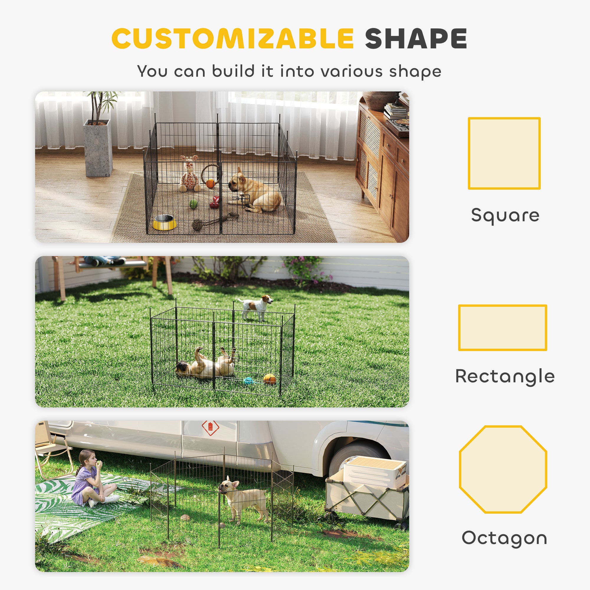 Dog Playpen for Indoor Outdoor use, Heavy Duty Dog Fence with Door, 23.6" High, 8 Panels, Black