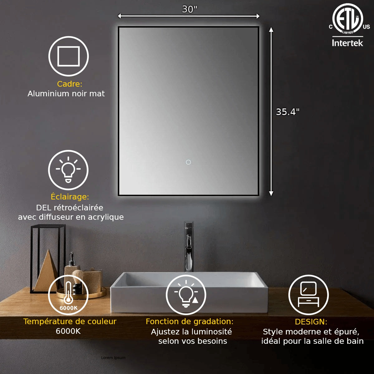 30" x 35.4" Premium LED Bathroom Mirror with Matte Black Aluminum Frame - Anti-Fog Smart Mirror with Adaptive Dimming Control, 6000K Cool White Lighting & Compact Illumination Design