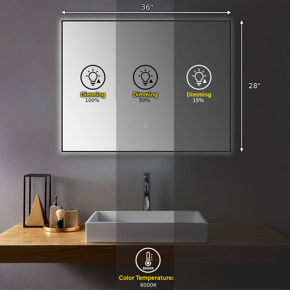 36" x 28" Premium LED Bathroom Mirror with Matte Black Aluminum Frame - Anti-Fog Smart Mirror with Adaptive Dimming Control, 6000K Cool White Lighting & Compact Illumination Design