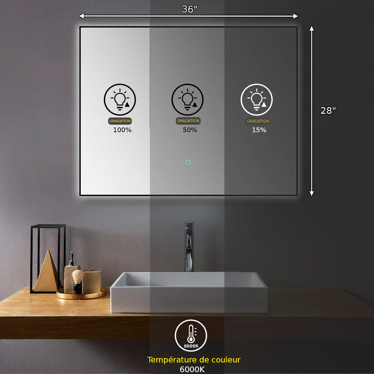 36" x 28" Premium LED Bathroom Mirror with Matte Black Aluminum Frame - Anti-Fog Smart Mirror with Adaptive Dimming Control, 6000K Cool White Lighting & Compact Illumination Design