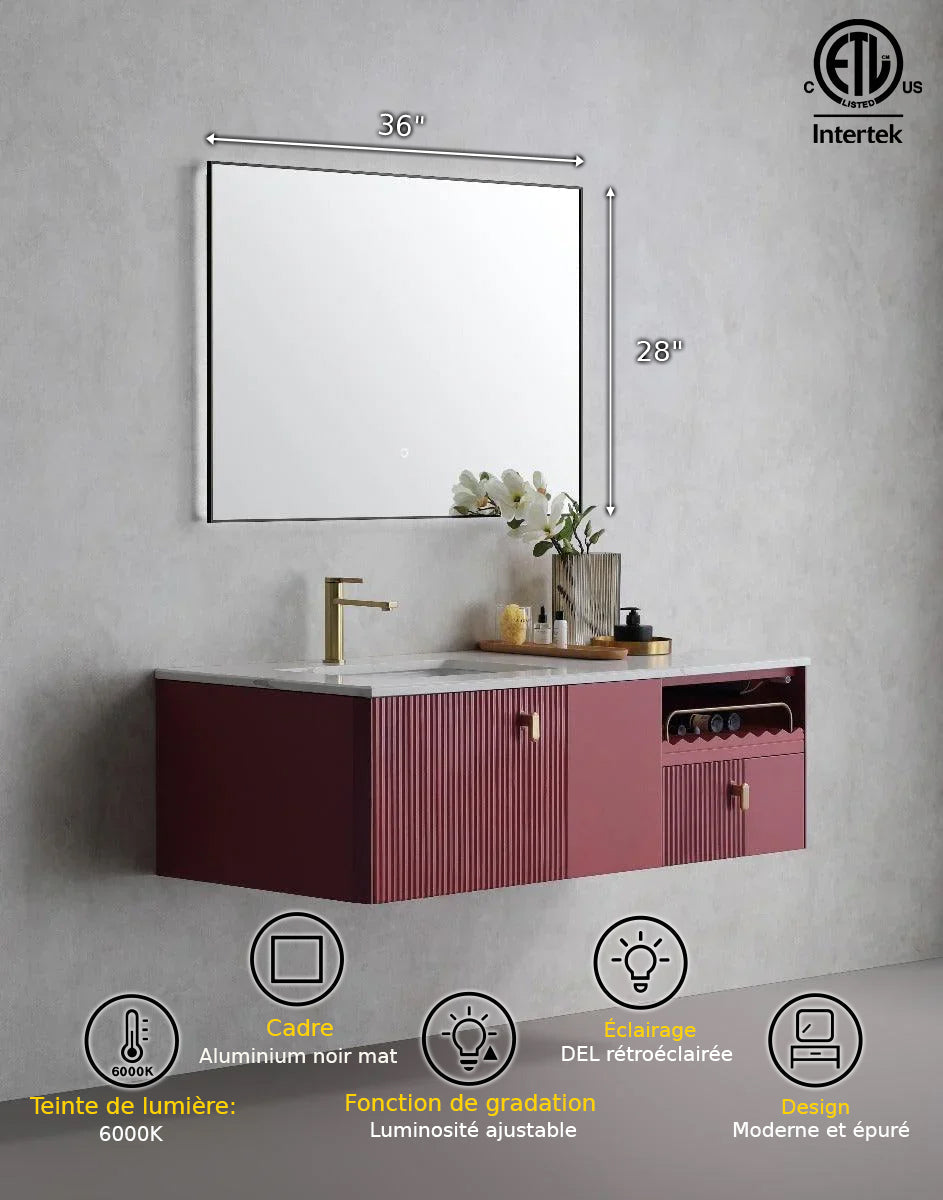 36" x 28" Premium LED Bathroom Mirror with Matte Black Aluminum Frame - Anti-Fog Smart Mirror with Adaptive Dimming Control, 6000K Cool White Lighting & Compact Illumination Design